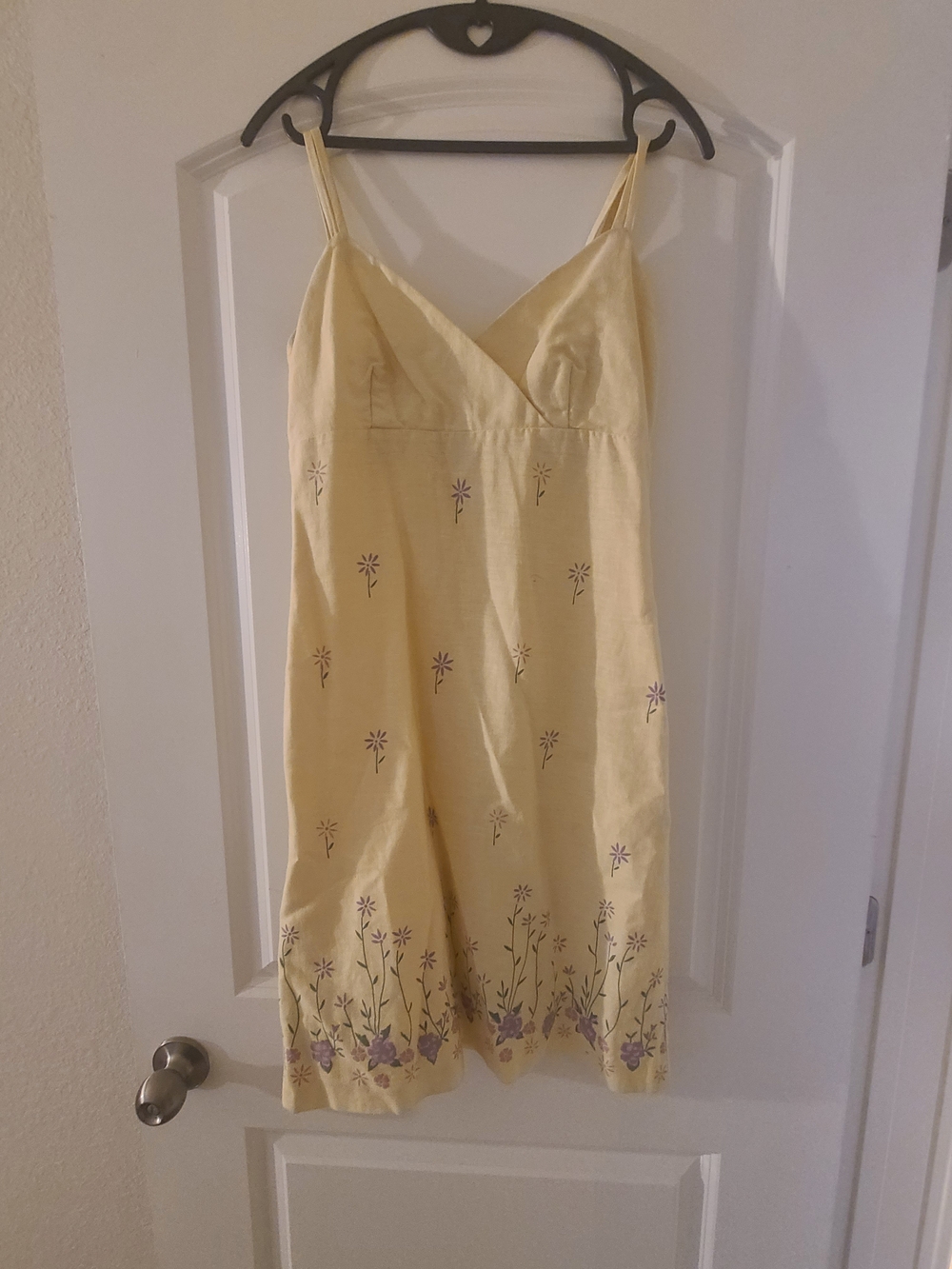 Source Unknown Yellow Slip Dress with Purple Floral Embroidery